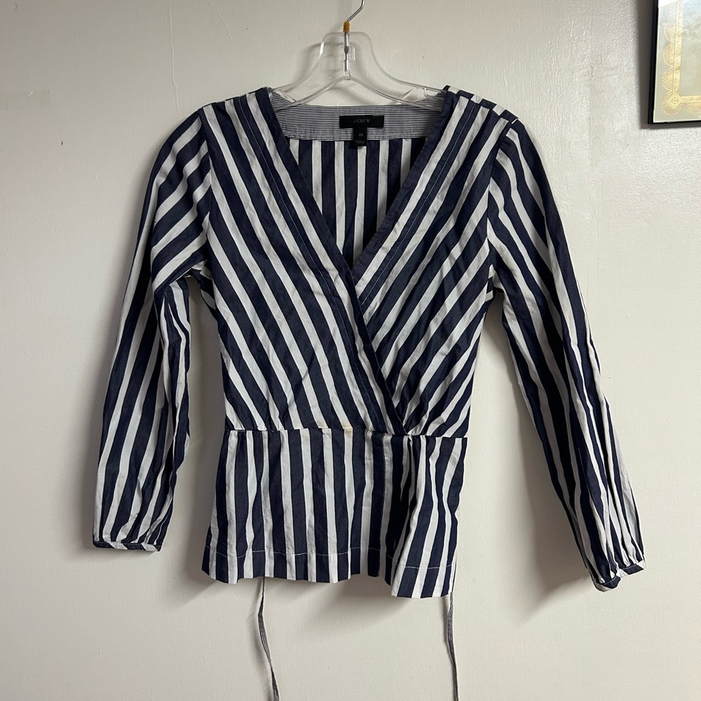 J.Crew Navy Blue and White Striped Peplum Faux Wrap Top